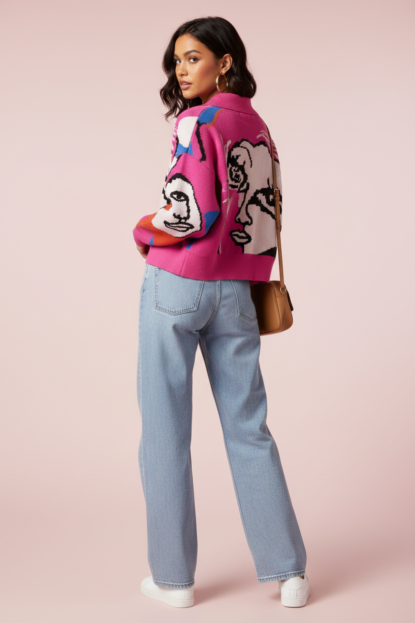 Abstract Face Print Cardigan — Artsy Oversized Cardigan, Pre-Loved