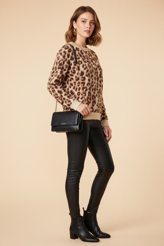 Leopard Print Crewneck Sweater — Size XS