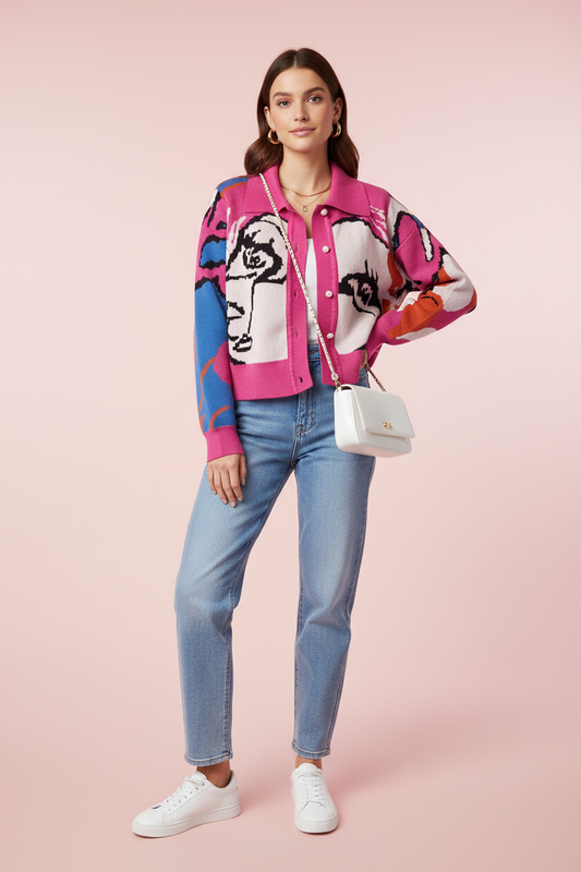 Abstract Face Print Cardigan — Artsy Oversized Cardigan, Pre-Loved