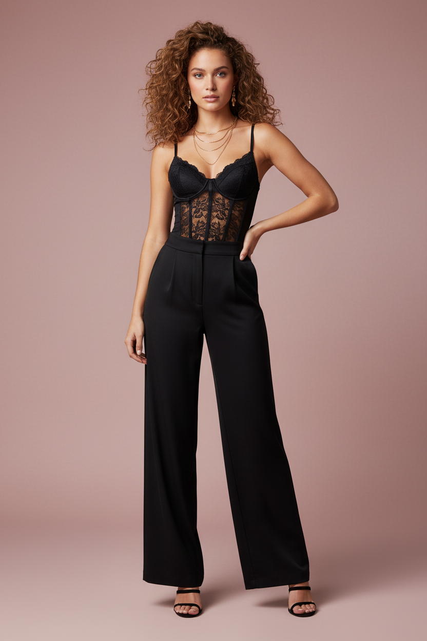 Black Lace V-Neck Spaghetti Strap Bodysuit