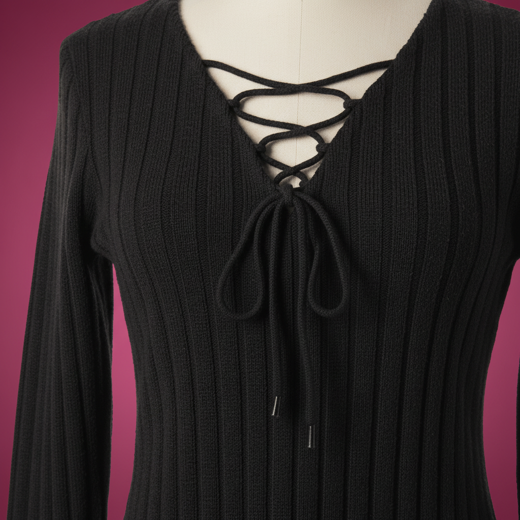 Black Lace-Up V-Neck Knit Sweater