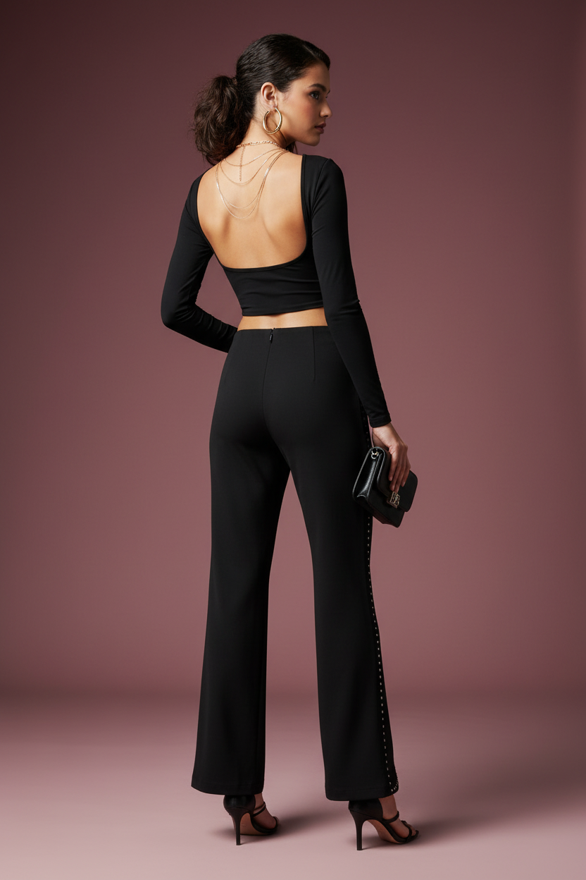 Black Studded Wide Leg Pants, High-Rise Long Trousers