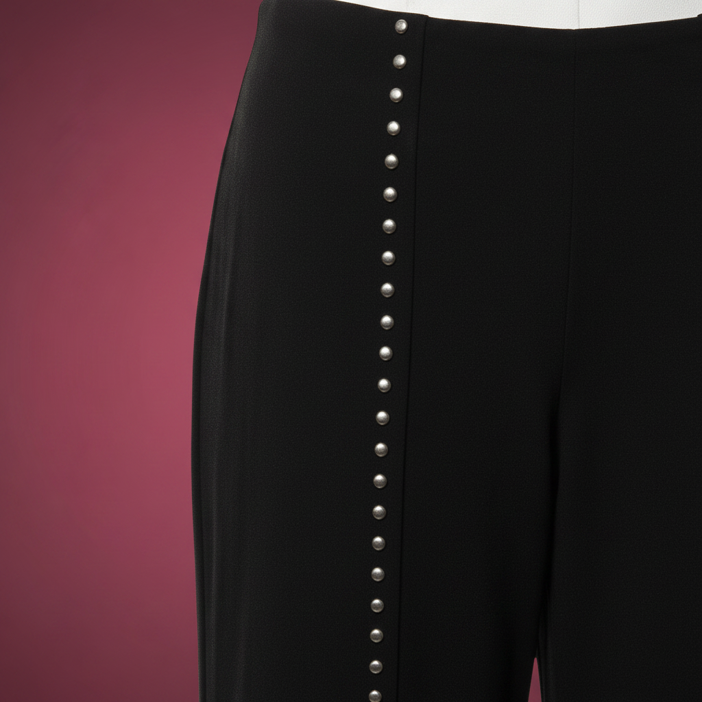 Black Studded Wide Leg Pants, High-Rise Long Trousers