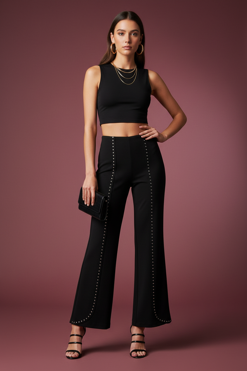 Black Studded Wide Leg Pants, High-Rise Long Trousers