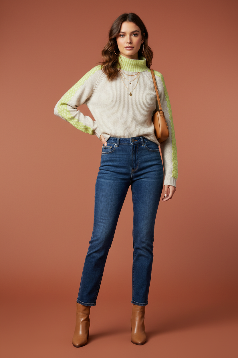 Elevate Your Style with the Cream and Lime Turtleneck Sweater
