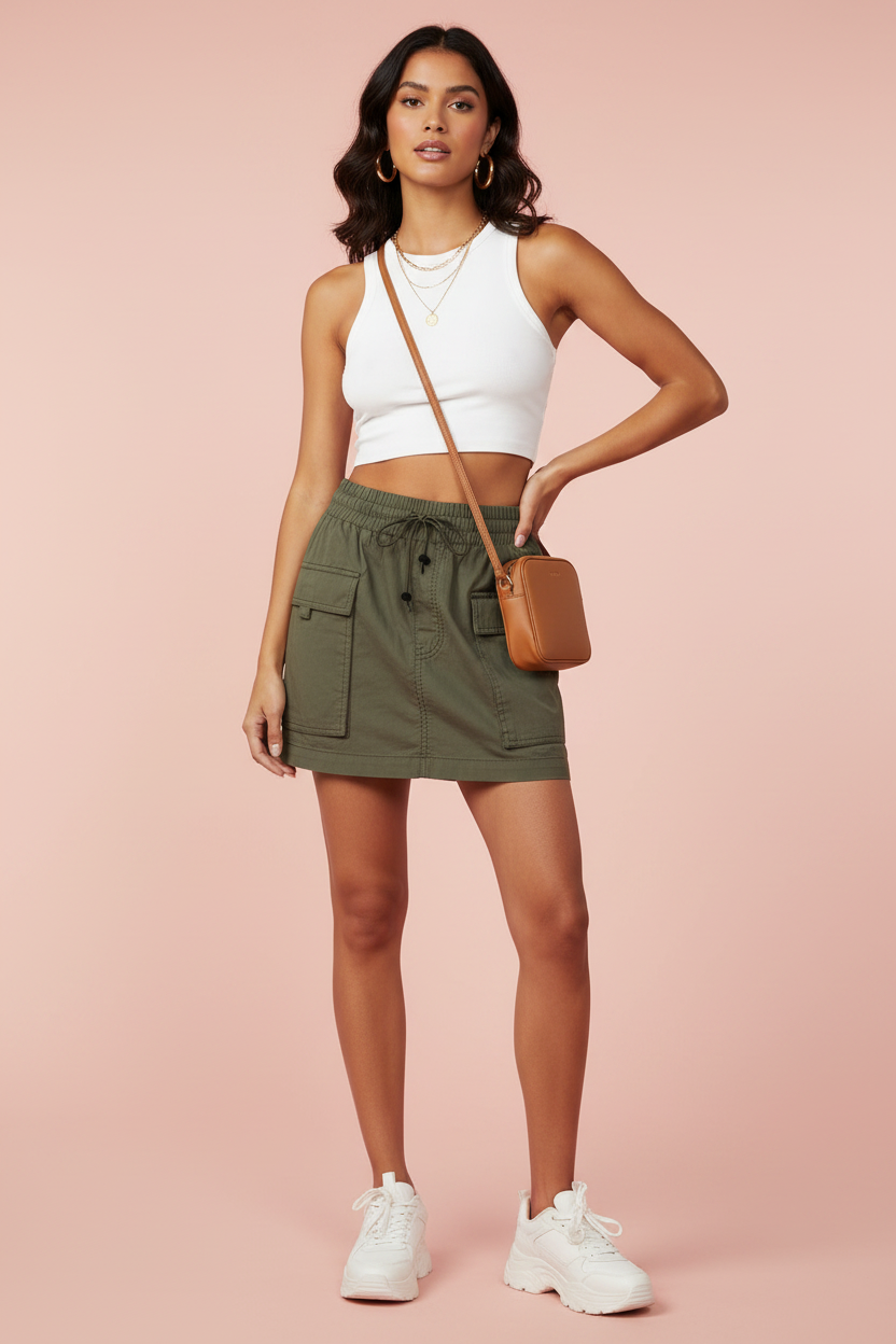 Olive Cargo Mini Skirt – Y2K Utility, Pre-Loved XS