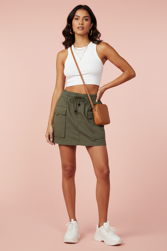 Olive Cargo Mini Skirt – Y2K Utility, Pre-Loved XS