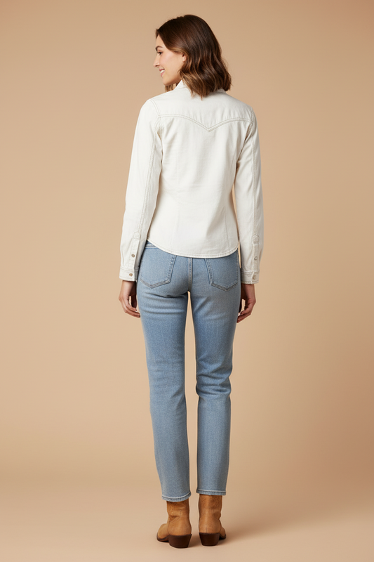 White Denim Western Jacket — Snap Button Shirt Jacket, Pre-Loved