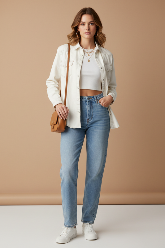 White Denim Western Jacket — Snap Button Shirt Jacket, Pre-Loved