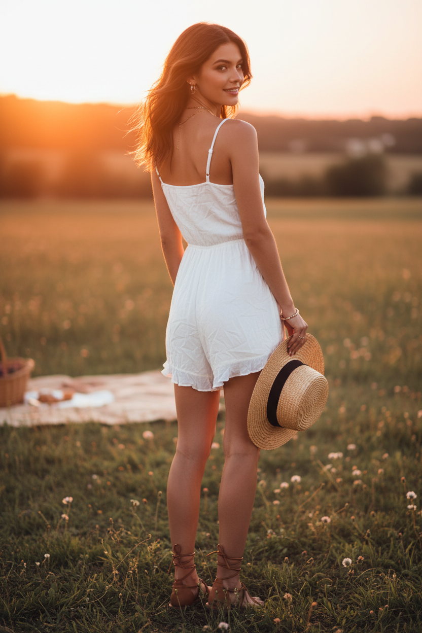 White Lace Trim Sleeveless Romper, Size M